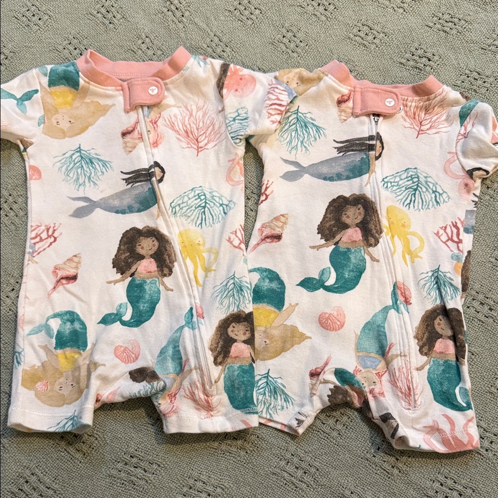 Twin set Baby Mermaid Print Footie One-Piece - Pink Trim